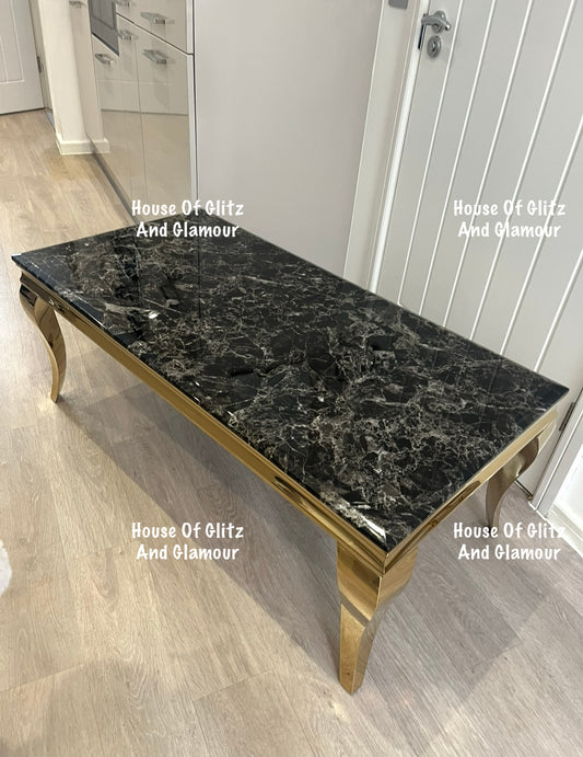 Louis Gold Coffee Table With Black Marble Top  120cm x 60cm x 42cm