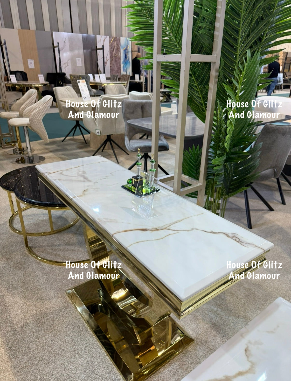 Arianna White Calacatta Effect Marble Gold Circular Base Console Table