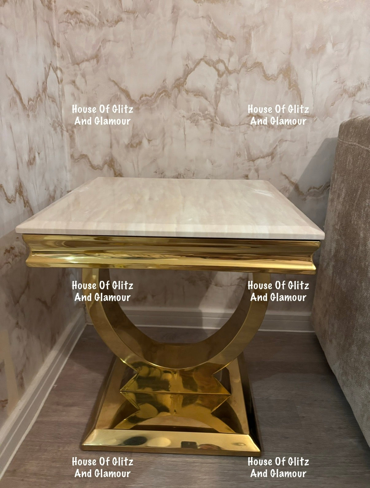 Arianna Cream Marble & Gold Circular Lamp / Side Table 50cm x 50cm