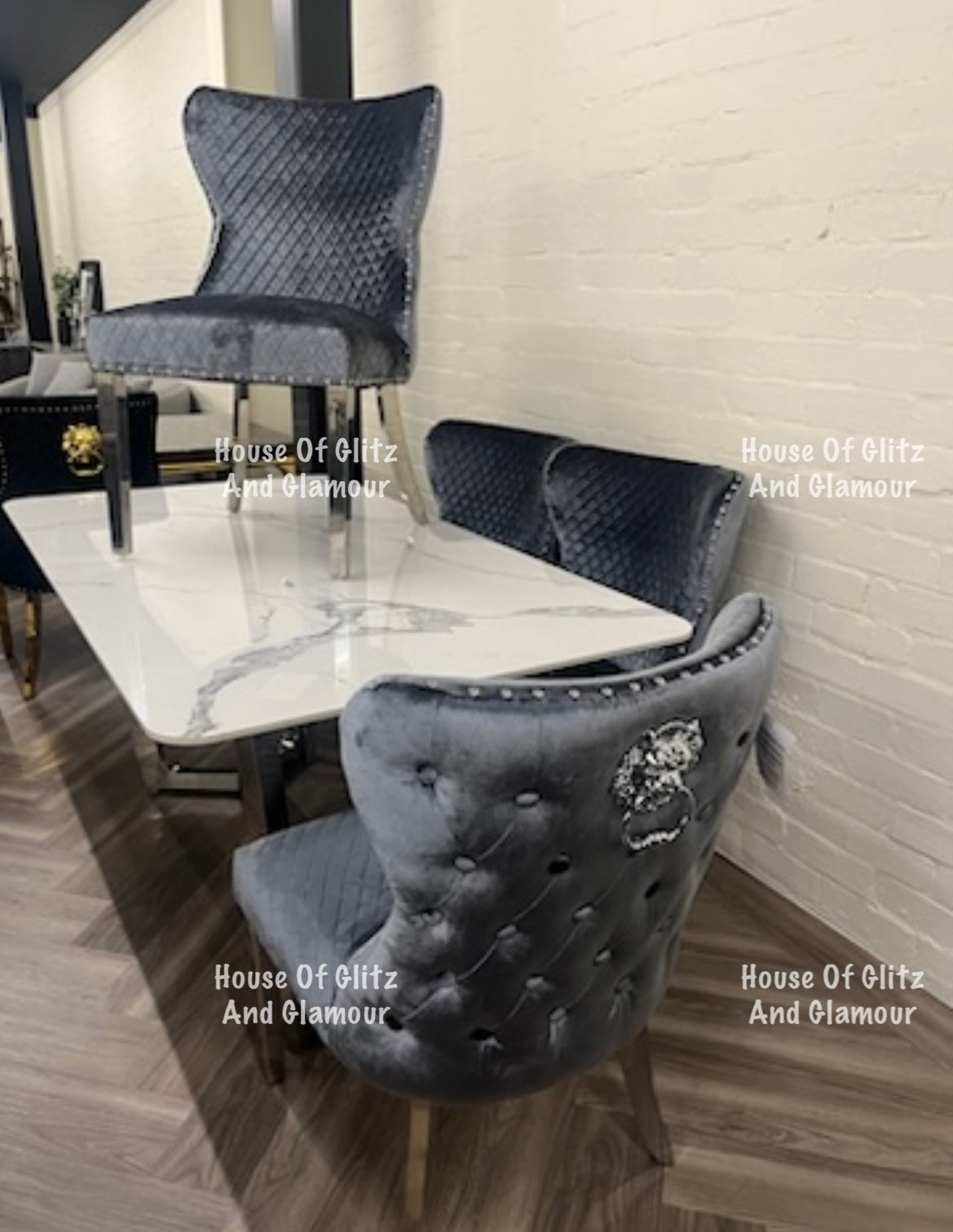 Valentina Grey Shimmer Crushed Velvet Lion Knocker Winged Back Quilted Dining Chair