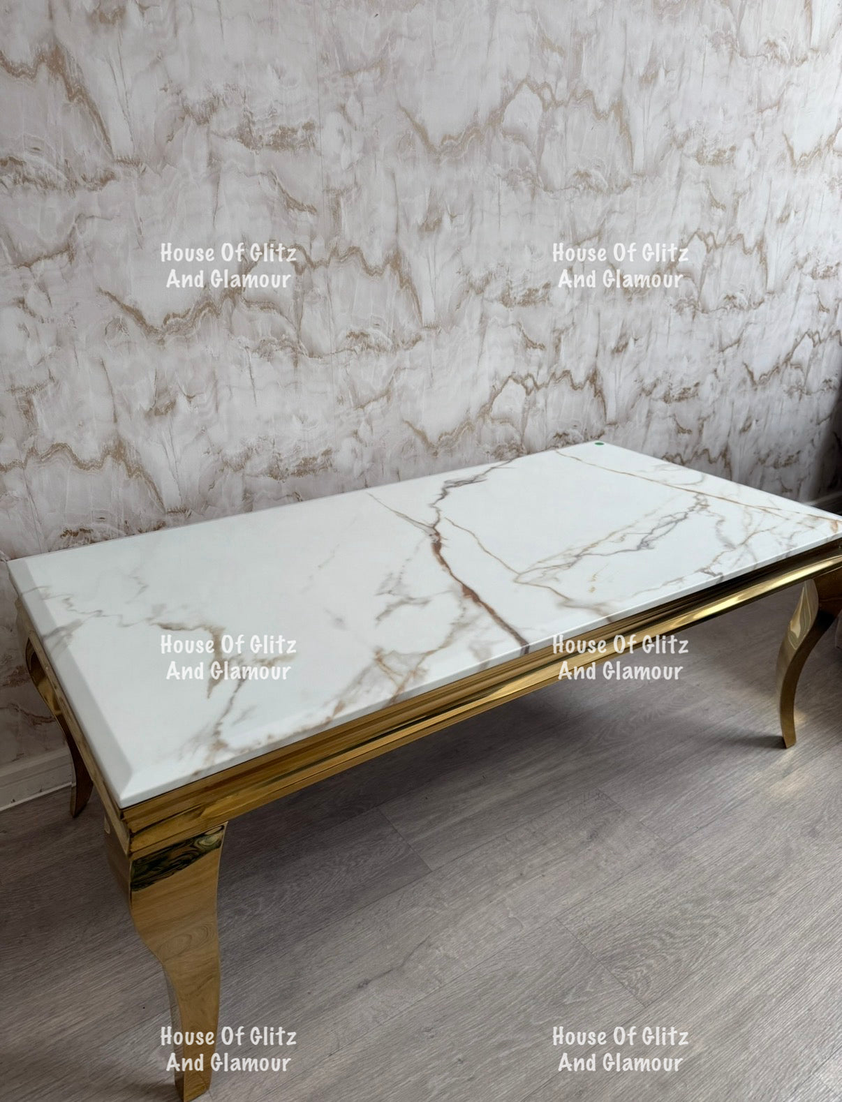 Louis Calacatta Effect White Marble Coffee Table With Gold Legs