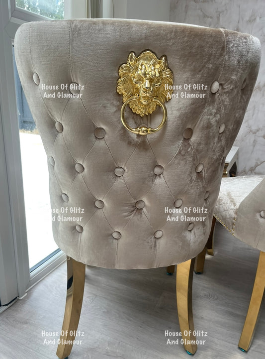 Valentina Mink Champagne Crushed Velvet & Gold Lion Knocker Winged Back Quilted Dining Chair