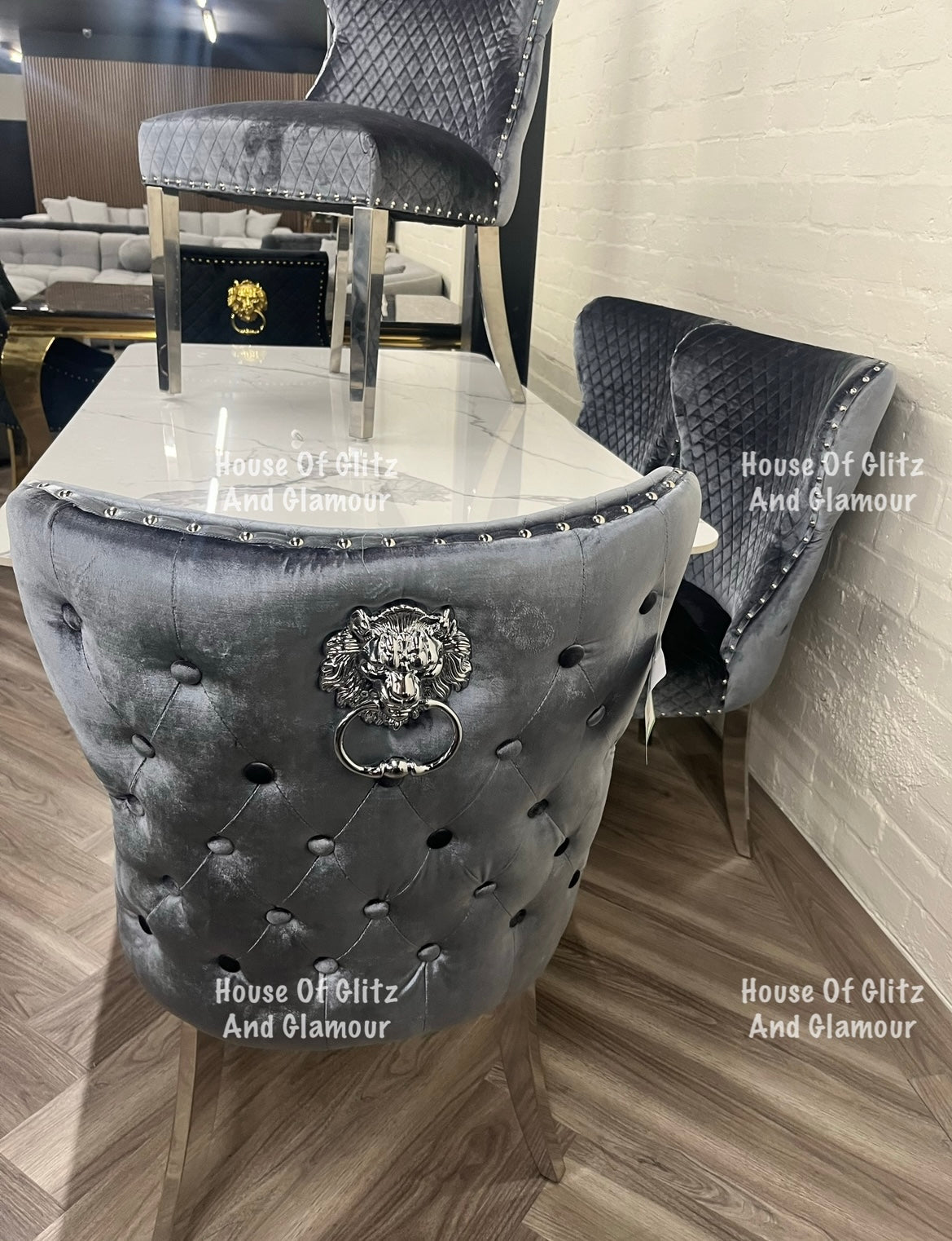 Valentina Grey Shimmer Crushed Velvet Lion Knocker Winged Back Quilted Dining Chair