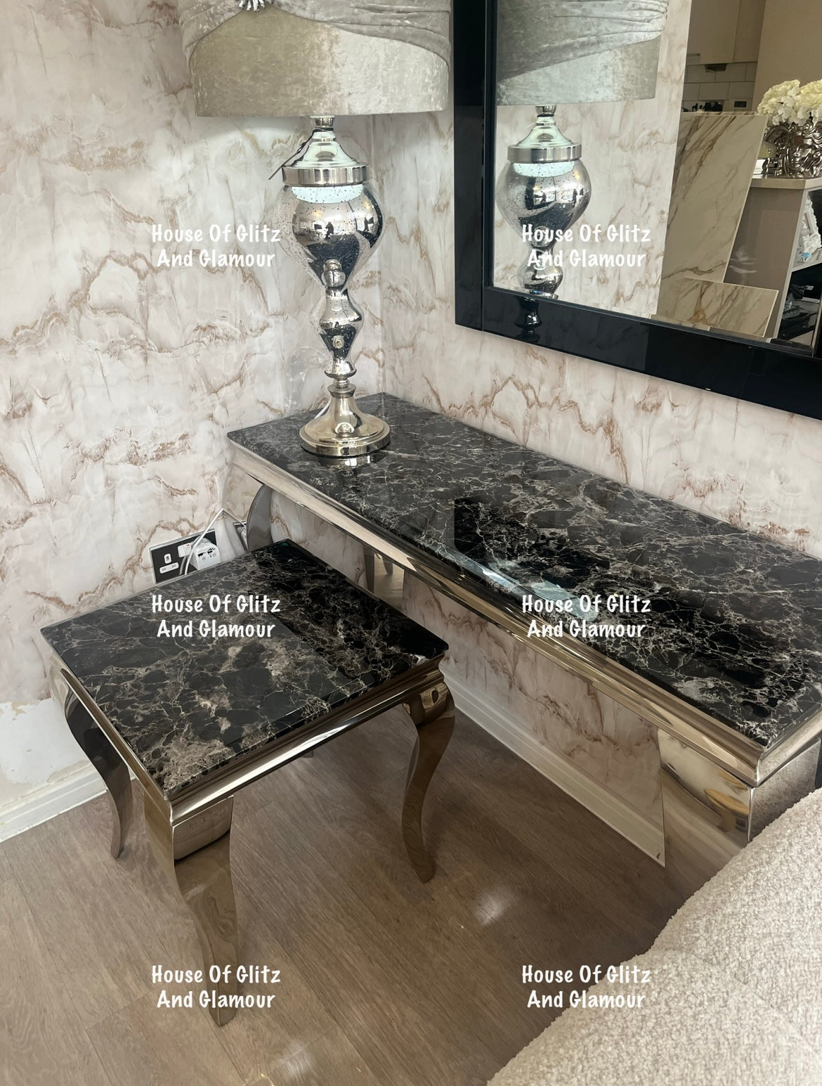 Louis Black Marble & Chrome Console Table 120cm x 40cm x 75cm