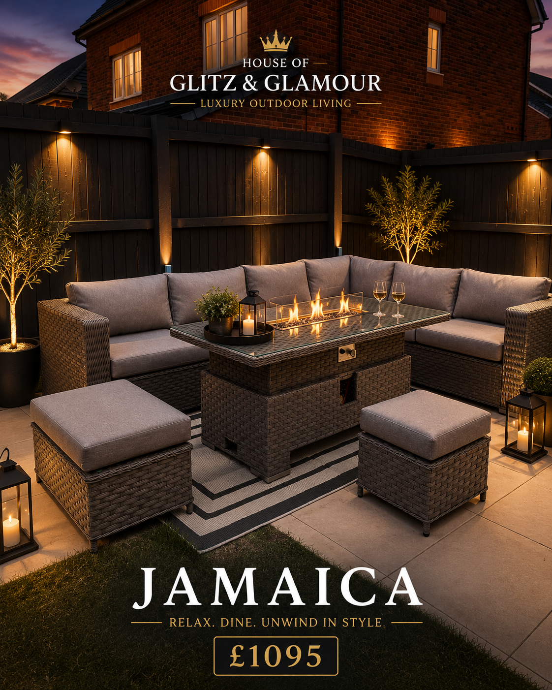 JAMAICA CORNER RISING DINING SET WITH FIRE PIT - Grey