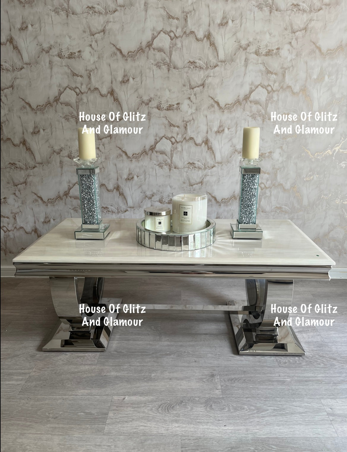 Arianna Cream Marble & Stainless Steel Circular Base Coffee Table 120cm x 60cm x 42cm