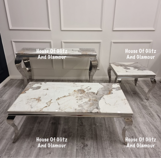 Louis Cream Coffee Table With Chrome Legs And Pandora Sintered Top (130cm x 70cm)