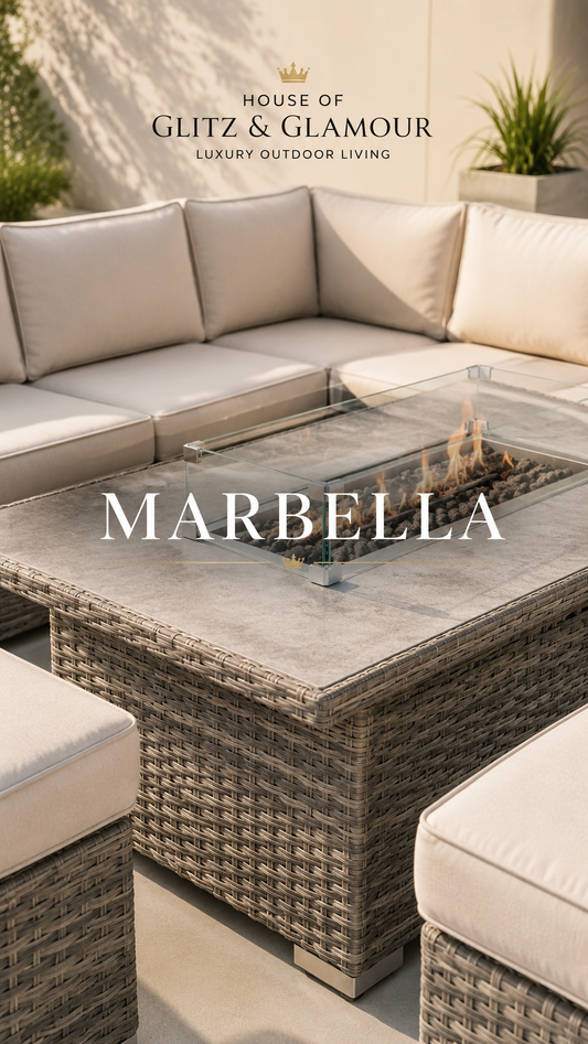Marbella Rattan 8 Seater Corner Rising Dining Table Set with Fire Pit – Cream