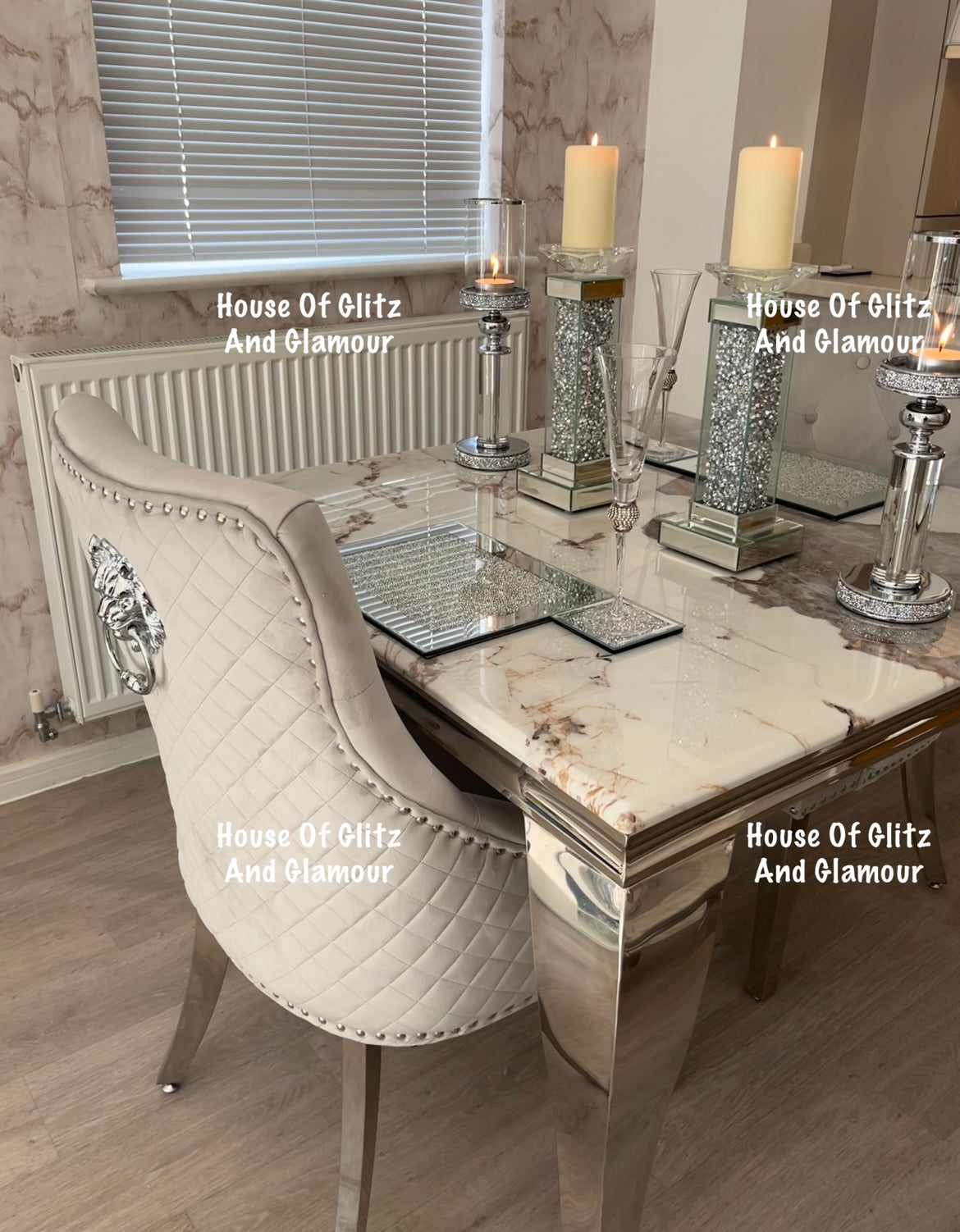 Chelsea Light Grey With Chrome Legs Quilted French Velvet Lion Head Knocker Back Dining Chair