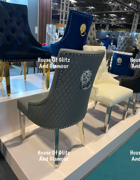 Chelsea Hudson Grey PU Leather Lion knocker Dining Chair