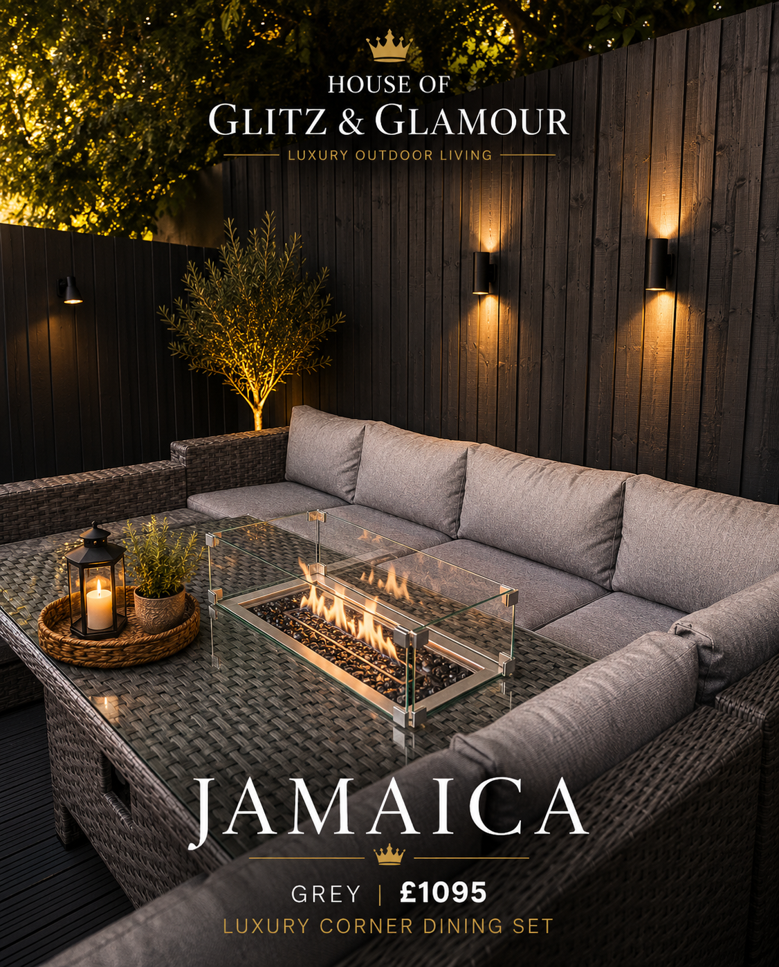 JAMAICA CORNER RISING DINING SET WITH FIRE PIT - Grey