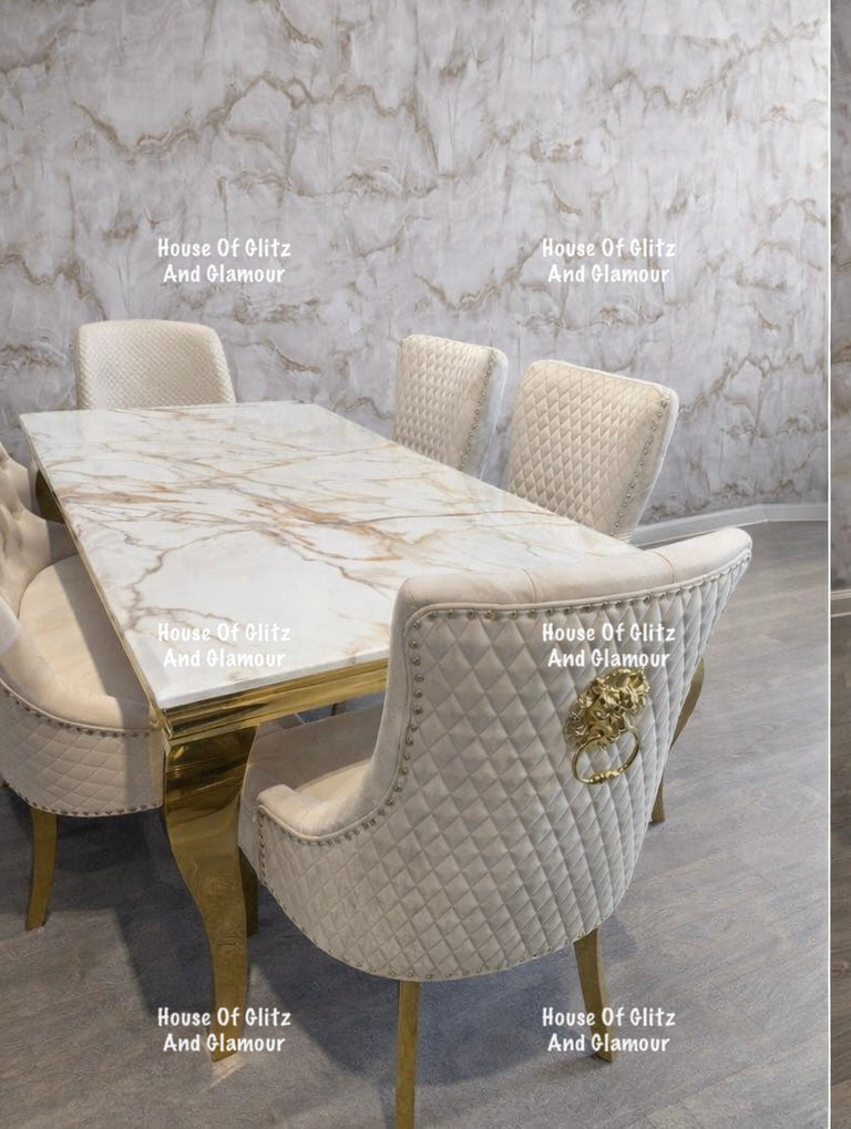 Louis White Calacatta Effect Marble Dining Table With Gold Legs