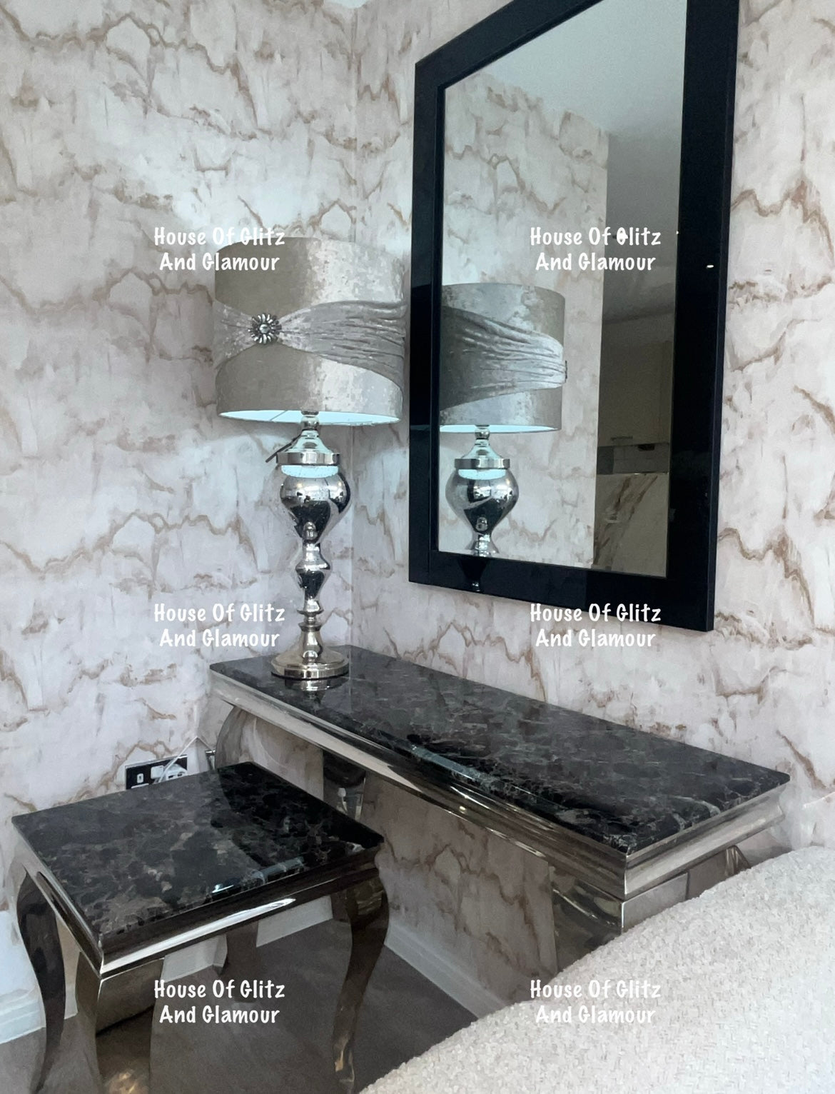 Louis Black Marble & Chrome Console Table 120cm x 40cm x 75cm