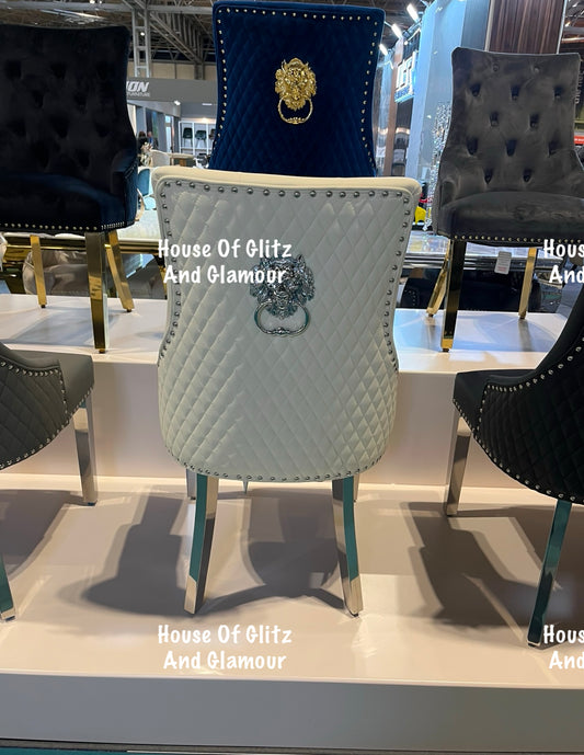Chelsea Cream PU Leather Chrome Lion Knocker Back Dining Chair With Chrome Legs