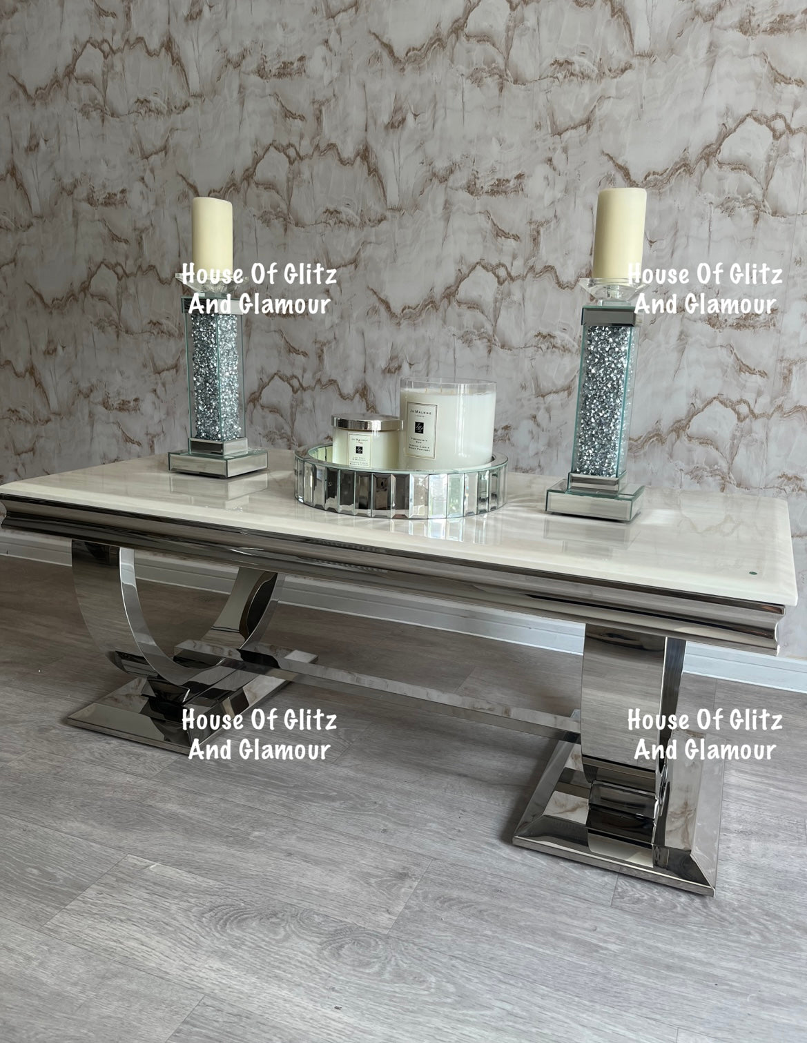 Arianna Cream Marble & Stainless Steel Circular Base Coffee Table 120cm x 60cm x 42cm