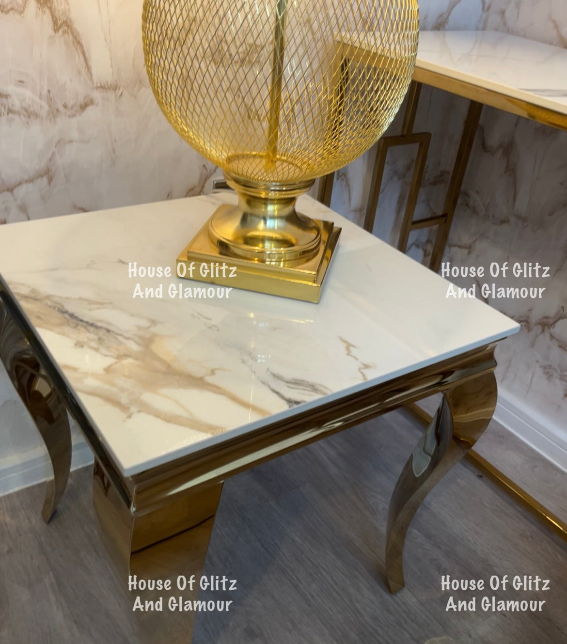 Louis Gold Lamp Table With Kata Gold Ceramic Marble Patterned Top 50cm x 50cm