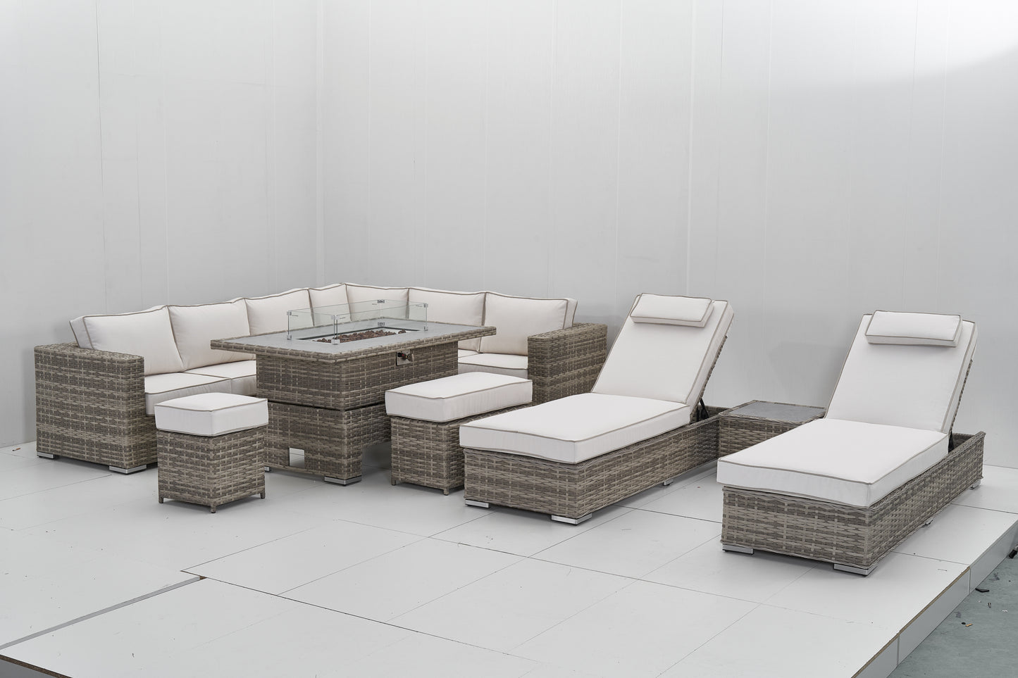 Marbella Corner Fire Pit Dining Set & Matching Sun Loungers - Cream & Grey