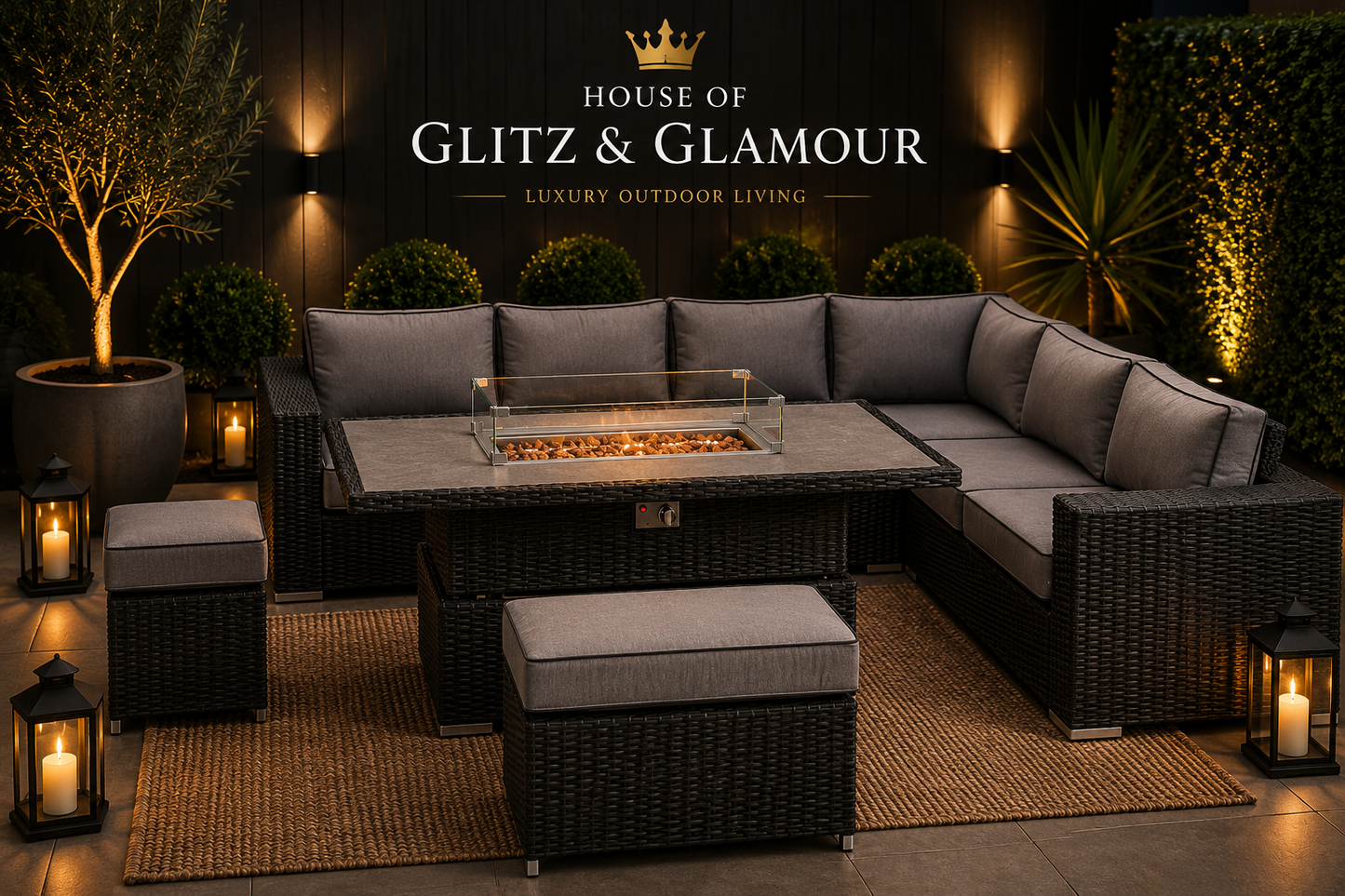 Manhattan Black Rattan 8 Seater Corner Fire Pit Dining Set with Rising Table