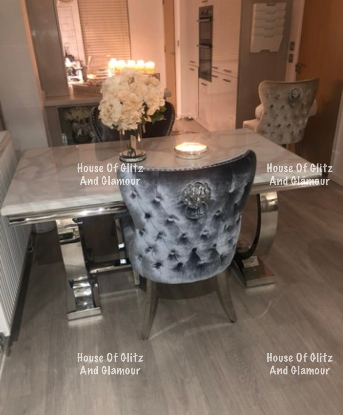 Valentina Grey Shimmer Crushed Velvet Lion Knocker Winged Back Quilted Dining Chair