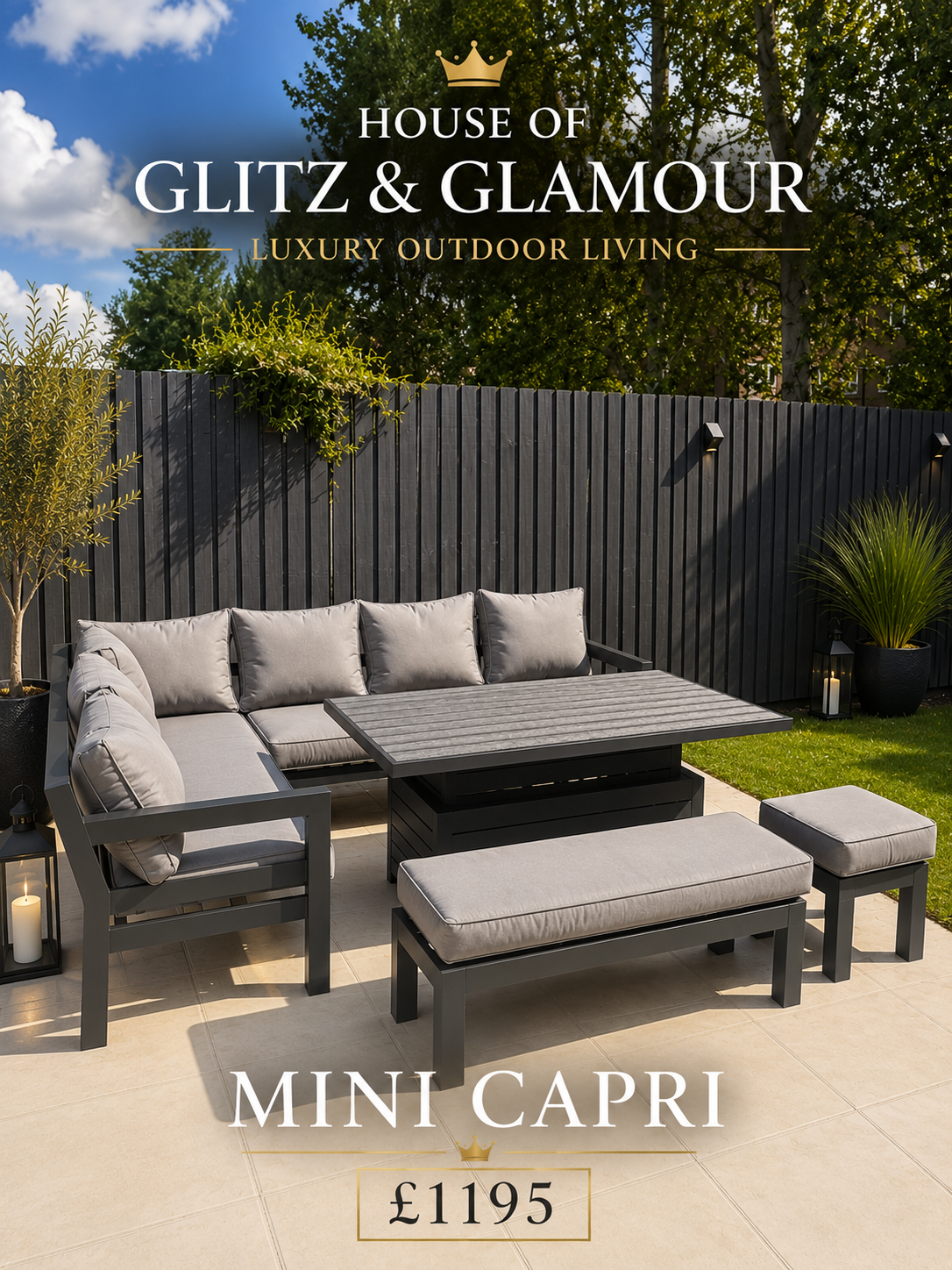 Mini Capri Grey & Black Aluminium Corner Dining Set with Rise & Fall Table