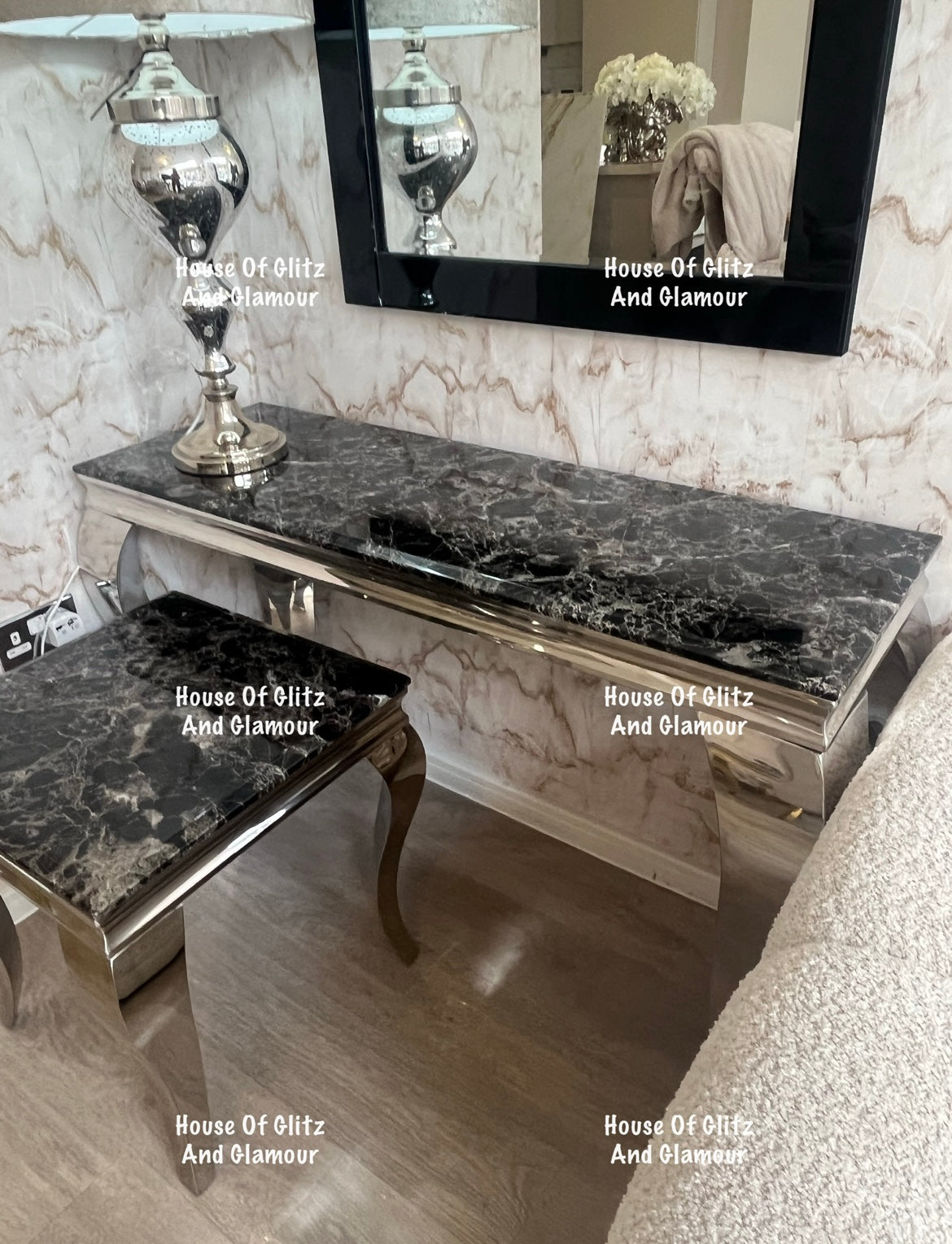 Louis Black Marble & Chrome Console Table 120cm x 40cm x 75cm