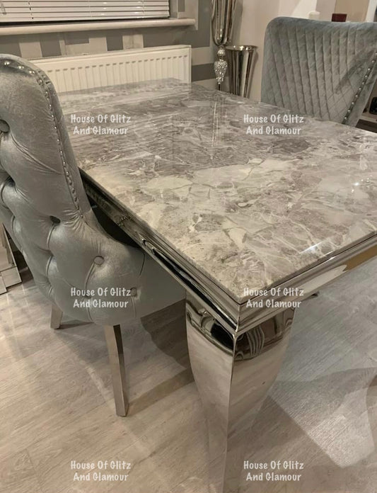 1.8m Louis Silver Grey Marble & Stainless Steel Dining Table