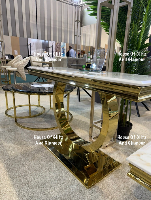 Arianna White Calacatta Effect Marble Gold Circular Base Console Table