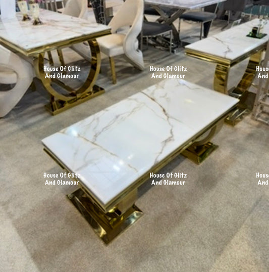 Arianna White Calacatta Effect Marble Gold Circular Base Coffee Table