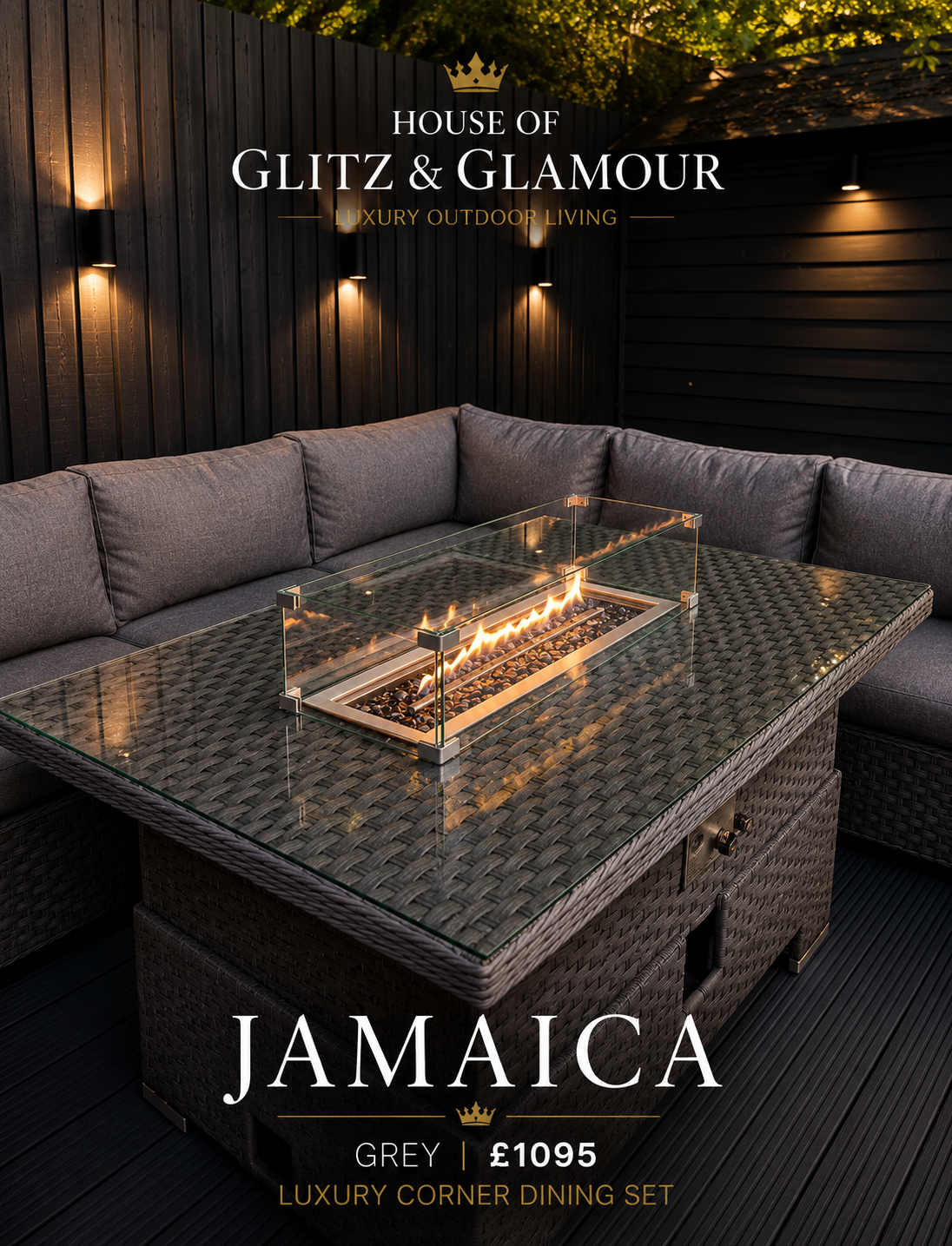 JAMAICA CORNER RISING DINING SET WITH FIRE PIT - Grey