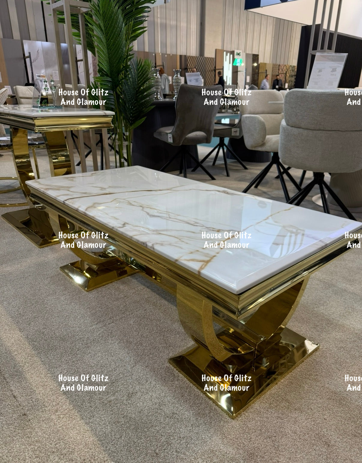 Arianna White Calacatta Effect Marble Gold Circular Base Coffee Table