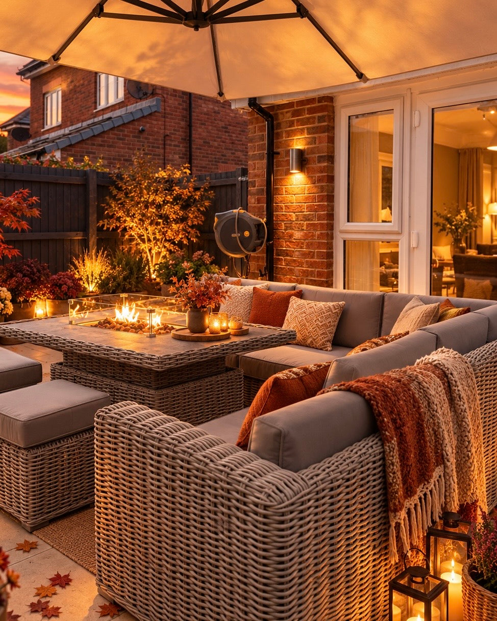 Outdoor patio furniture set in a backyard corner at dusk, featuring a wicker sectional sofa, matching ottomans, a square coffee table with candles, pillows, and a throw blanket, under a patio umbrella near a brick wall and glass doors.