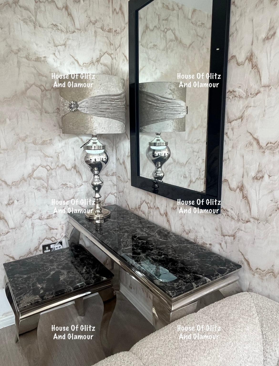 Louis Black Marble & Chrome Console Table 120cm x 40cm x 75cm