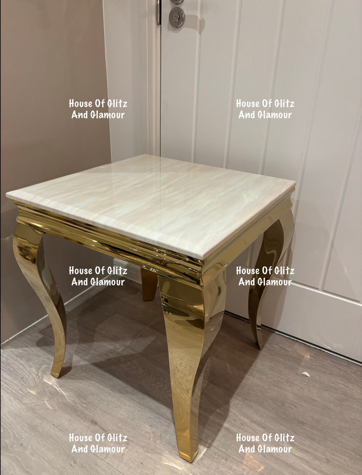 Louis Gold Lamp Table With Cream Marble Top 50cm x 50cm