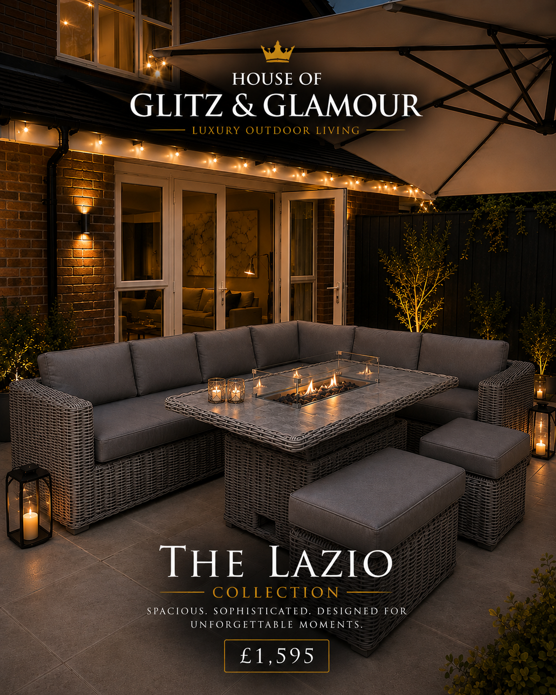 Lazio Luxury Corner Fire Pit Dining Set -Light Grey Weave & Light Grey Cushions