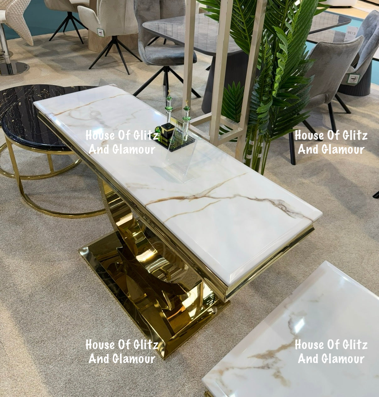 Arianna White Calacatta Effect Marble Gold Circular Base Console Table