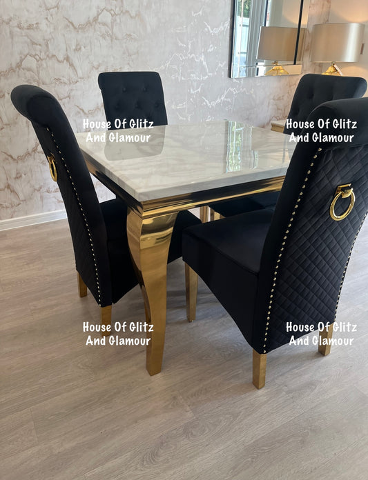 Louis White Square 1m x 1m Marble & Gold Dining Table + 4 Lou Lou Gold Ring Knocker Chairs