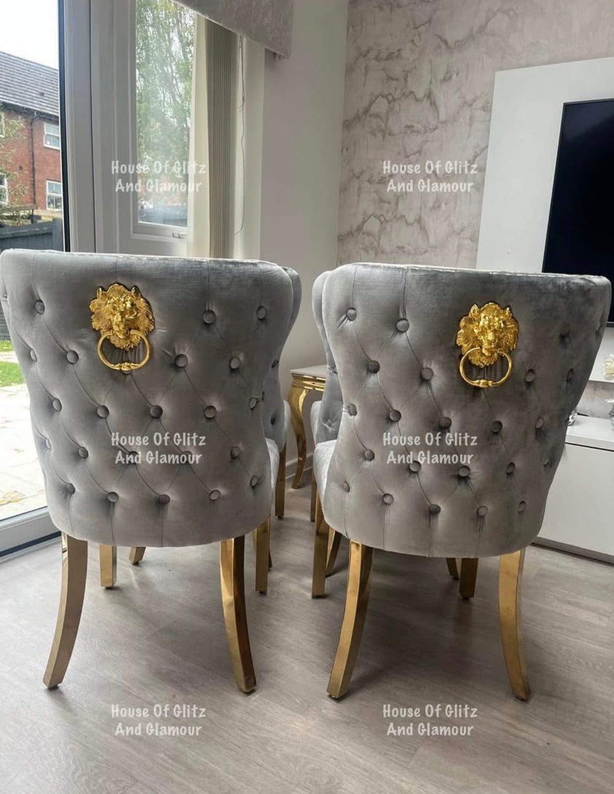 4 x Display Valentina Grey Crushed Velvet & Gold Lion Knocker Winged Back Quilted Dining Chair