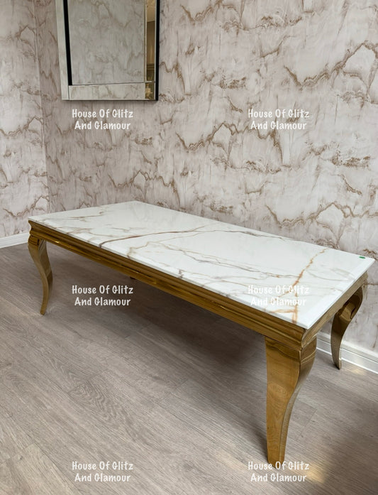 Louis Calacatta Effect White Marble Coffee Table With Gold Legs