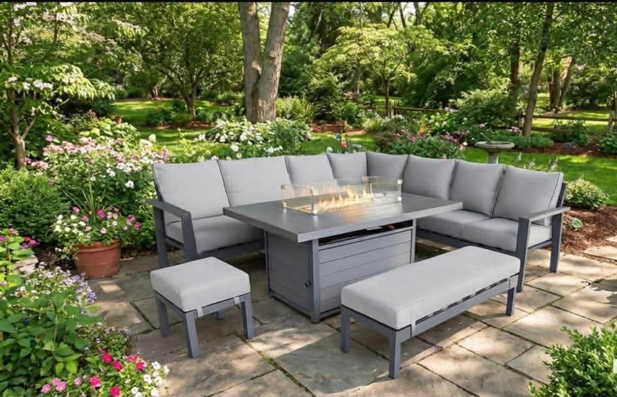 Dakota Grey Aluminium 10 Seater Corner Fire Pit Dining Set
