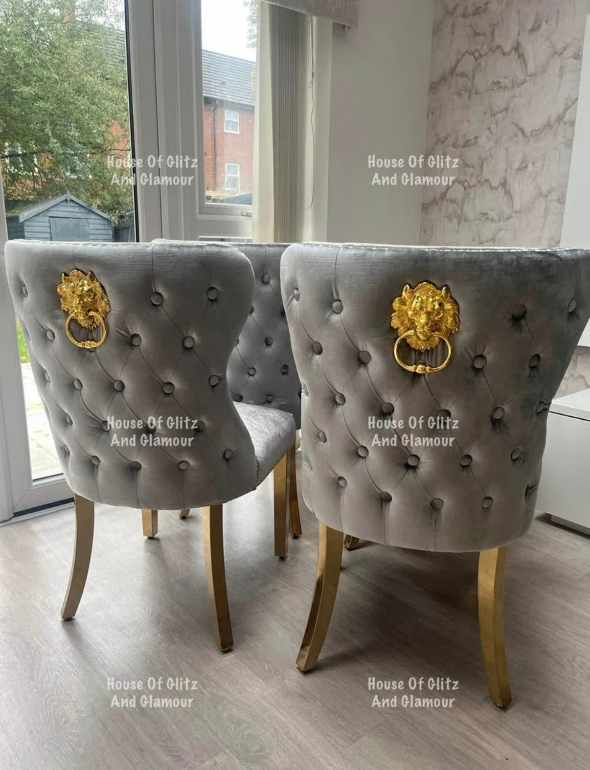 4 x Display Valentina Grey Crushed Velvet & Gold Lion Knocker Winged Back Quilted Dining Chair