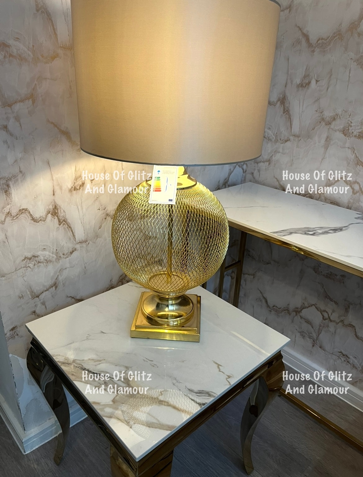 Louis Gold Lamp Table With Kata Gold Ceramic Marble Patterned Top 50cm x 50cm