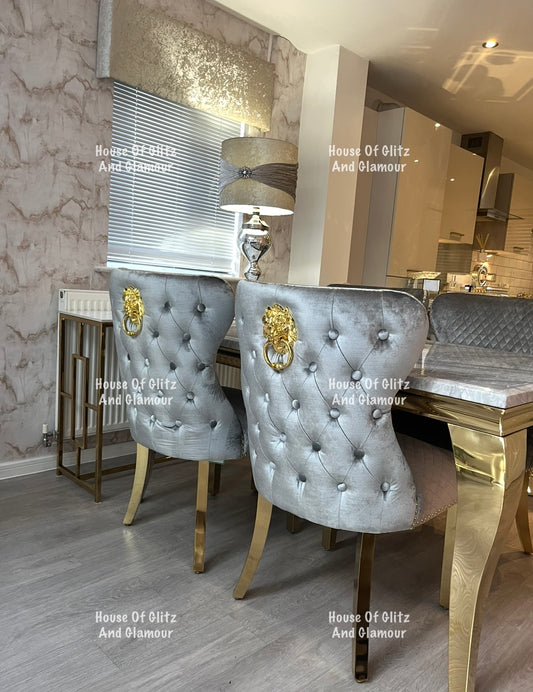 Louis 1.5 Gold Dining Table Set With Grey Marble & Grey & Gold Valentina Velvet Studded Back Dining Chairs x 4