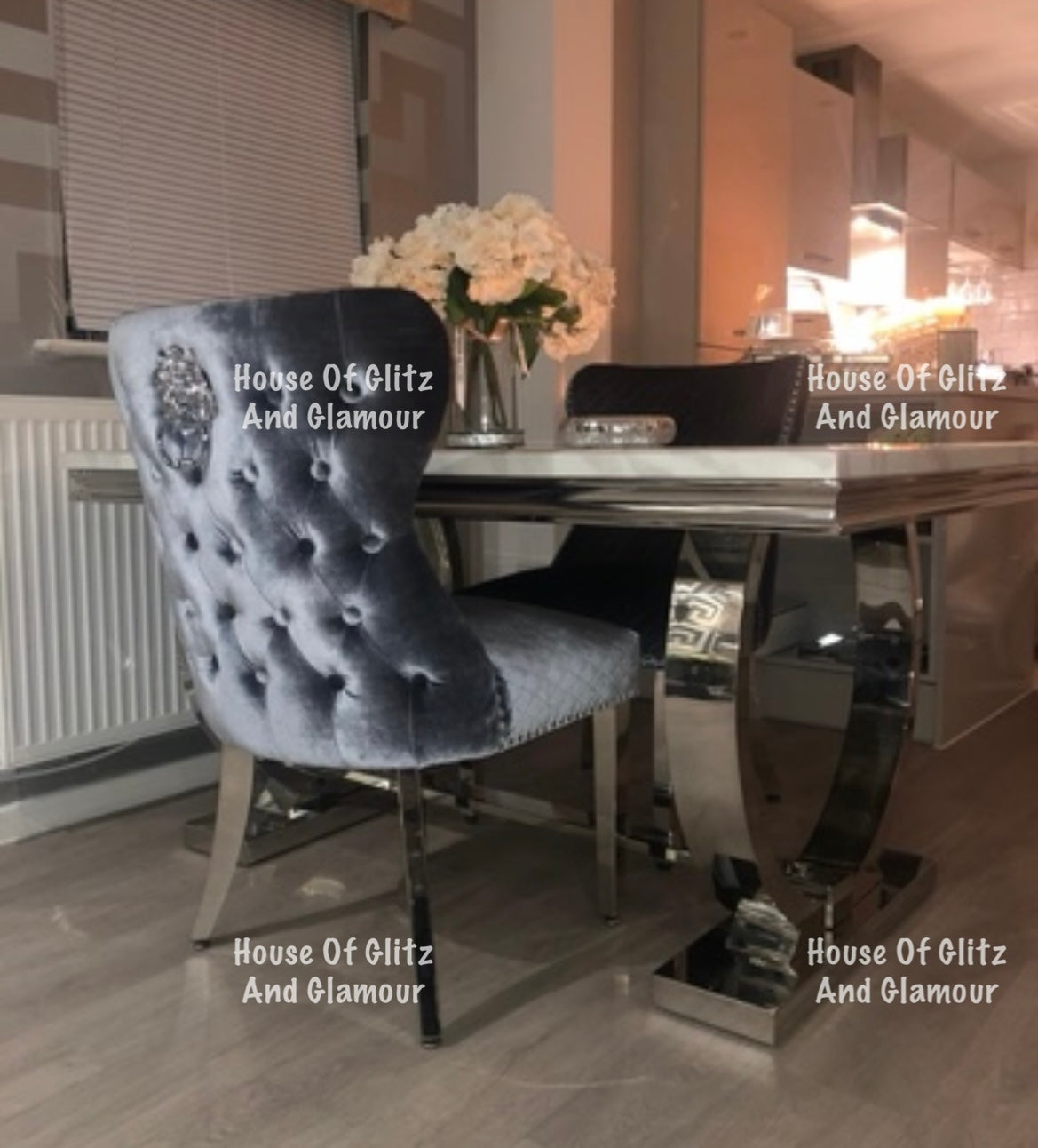 Valentina Grey Shimmer Crushed Velvet Lion Knocker Winged Back Quilted Dining Chair