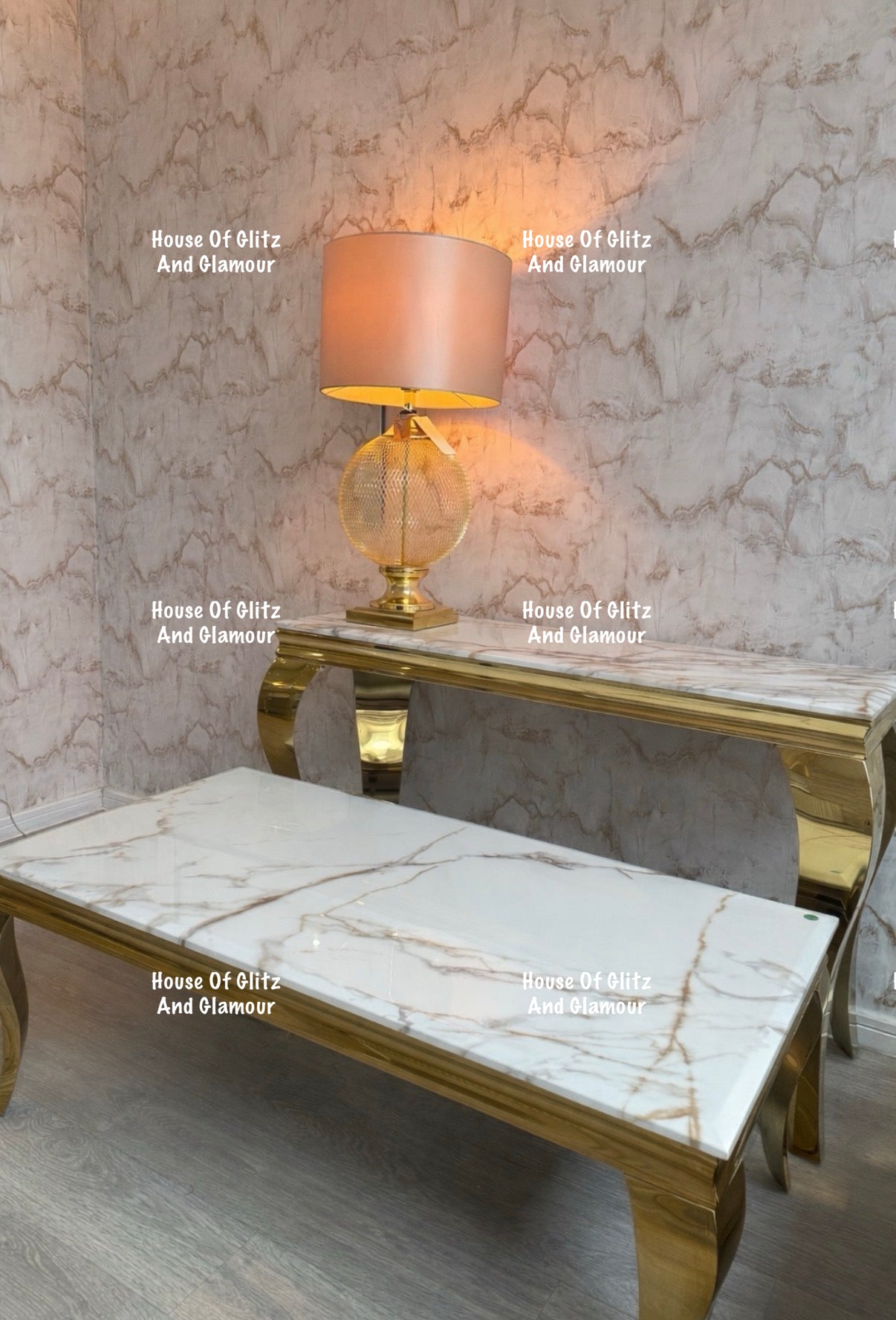 Louis Calacatta Effect White Marble Console Table With Gold Legs