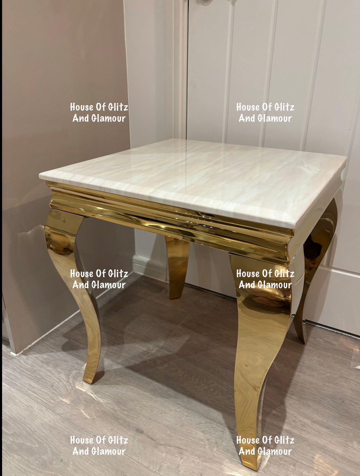 Louis Gold Lamp Table With Cream Marble Top 50cm x 50cm