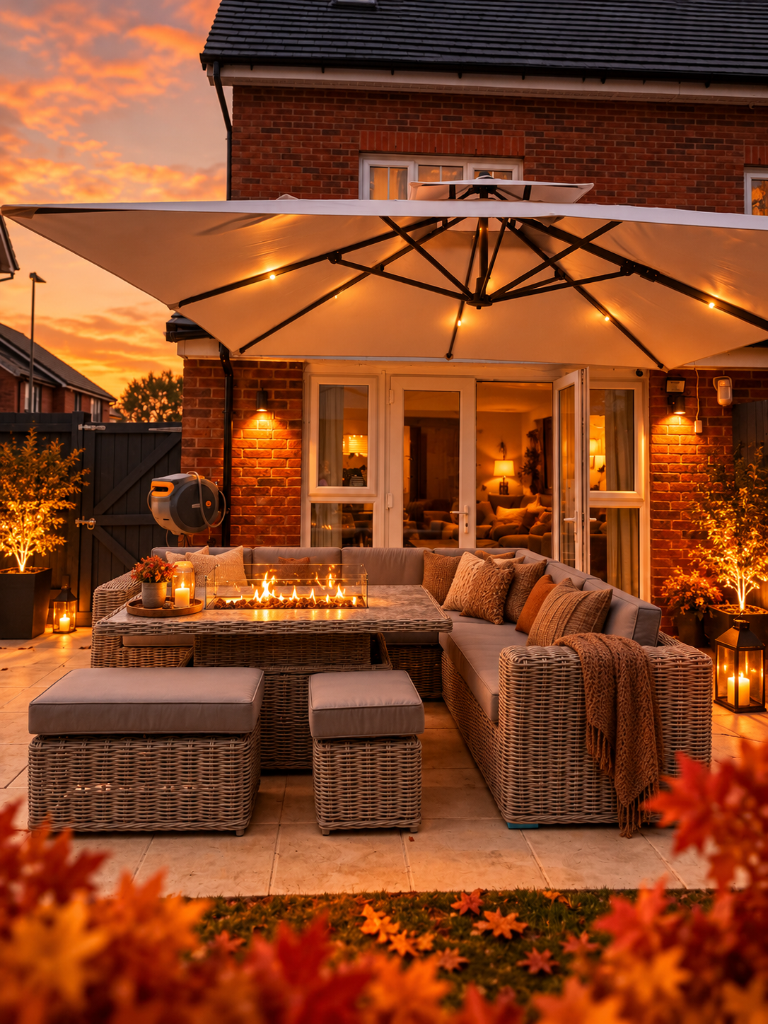 Outdoor patio furniture set under a large patio umbrella at dusk, featuring a wicker sectional sofa, ottomans, a fire pit table, and warm string lights in front of a brick house.