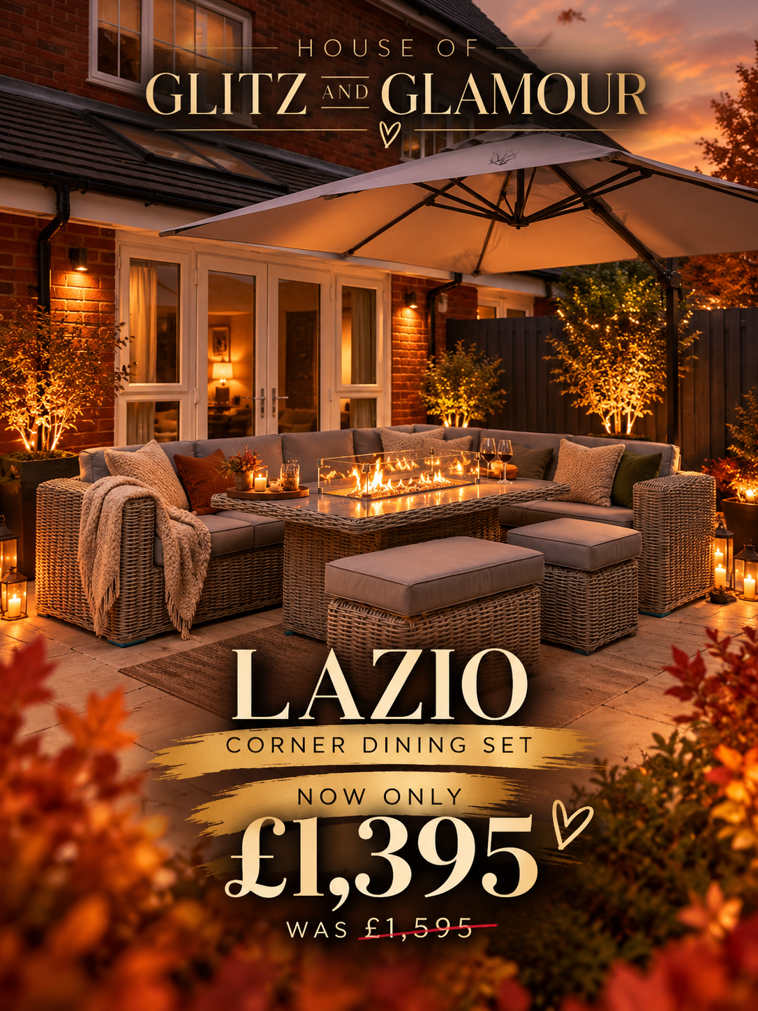 Outdoor patio corner dining set in front of a house at dusk, featuring a wicker sectional sofa, matching ottomans, a glass fire pit table with flames, and a large patio umbrella. Promotional text reads 'HOUSE OF GLITZ AND GLAMOUR', 'LAZIO CORNER DINING SET', and pricing details.
