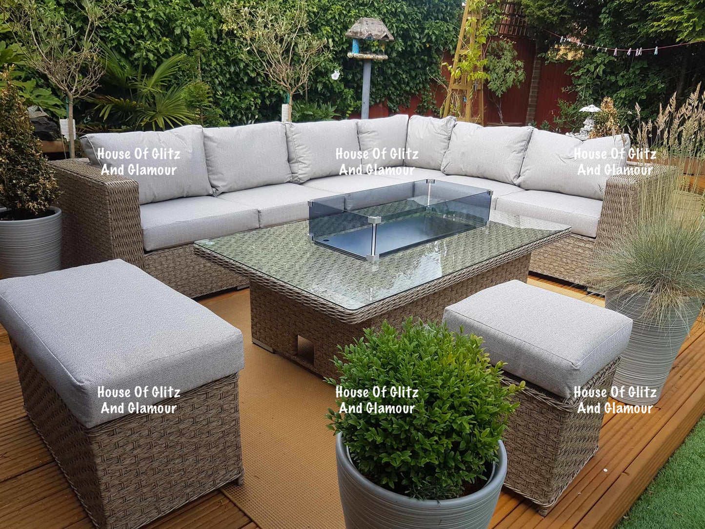JAMAICA CORNER RISING DINING SET WITH FIRE PIT (NATURAL)