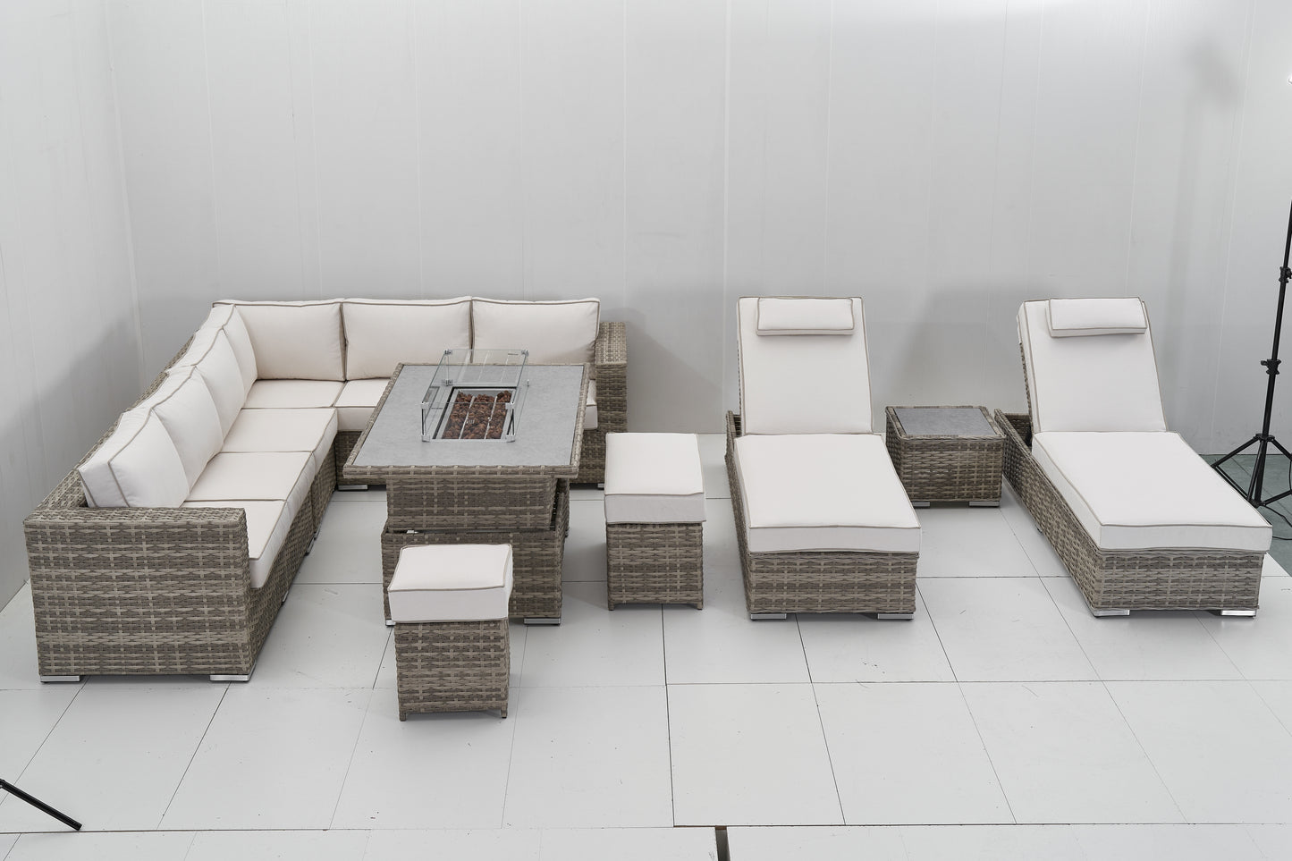 Marbella Corner Fire Pit Dining Set & Matching Sun Loungers - Cream & Grey