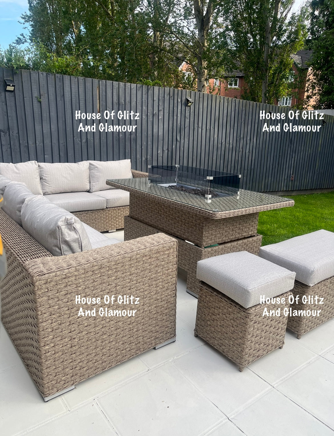 JAMAICA CORNER RISING DINING SET WITH FIRE PIT (NATURAL)